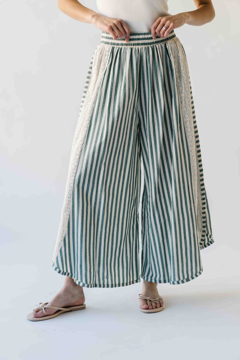 The Irena Eyelet Detail Wide Leg Pant in Green Stripe