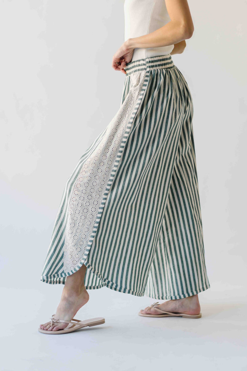 The Irena Eyelet Detail Wide Leg Pant in Green Stripe