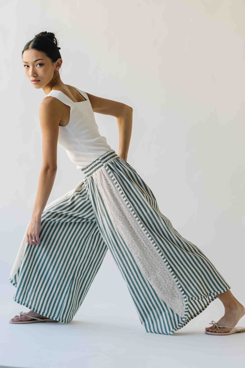 The Irena Eyelet Detail Wide Leg Pant in Green Stripe