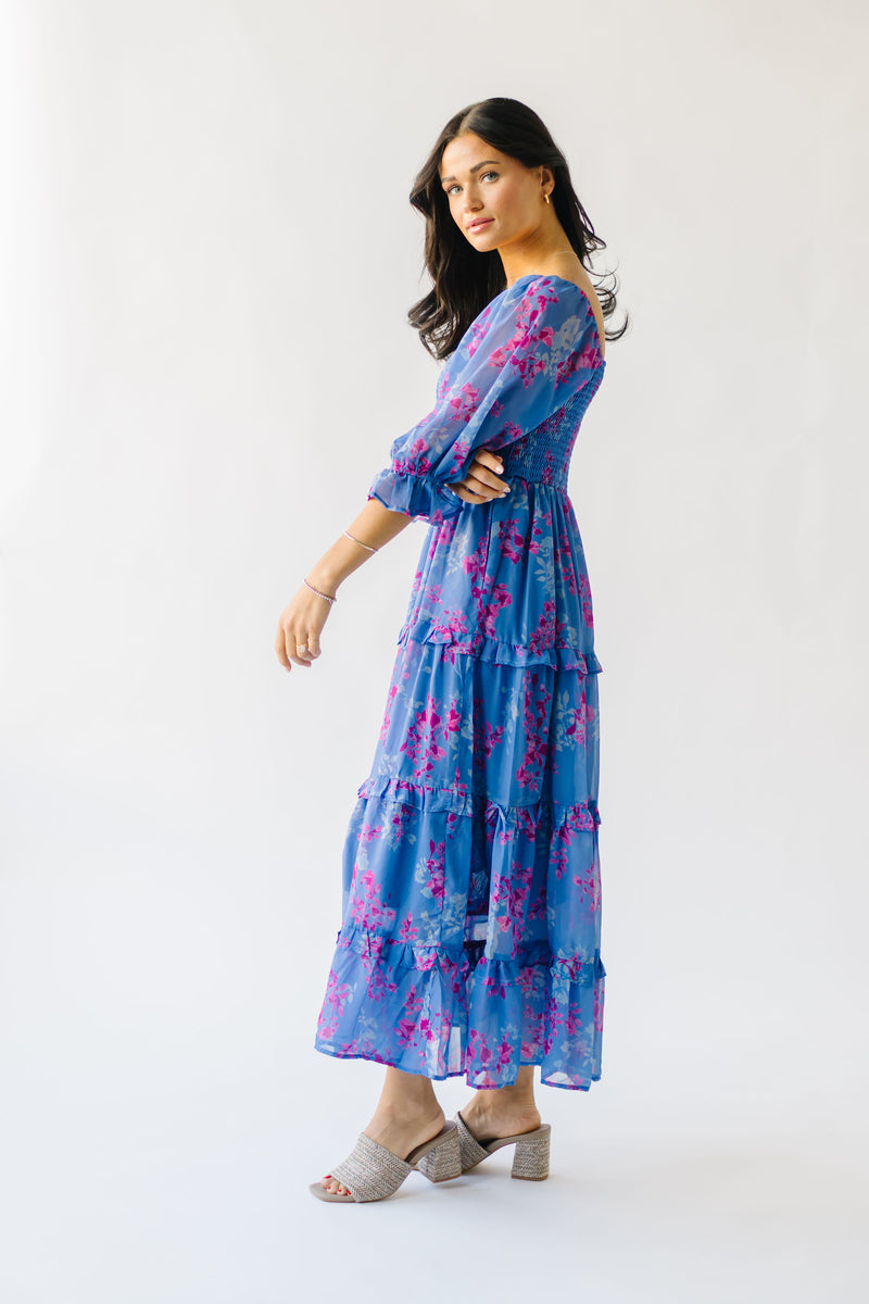 The Ayla Smocked Chiffon Midi Dress in Powder Blue