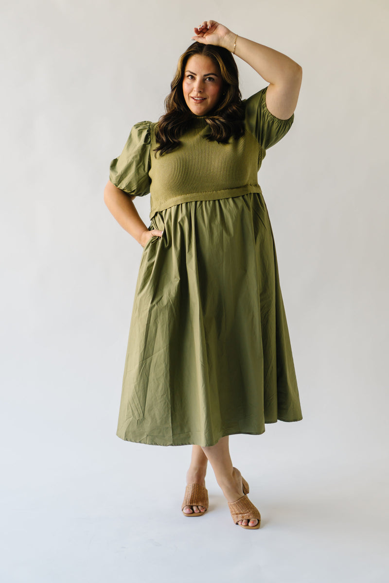 The Fanelli Knit Bodice Midi Dress in Olive