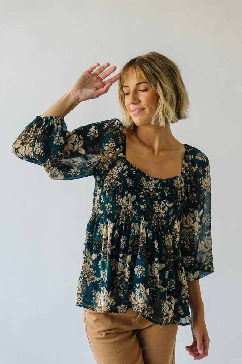 The Mableton Floral Balloon Sleeve Blouse in Navy Multi
