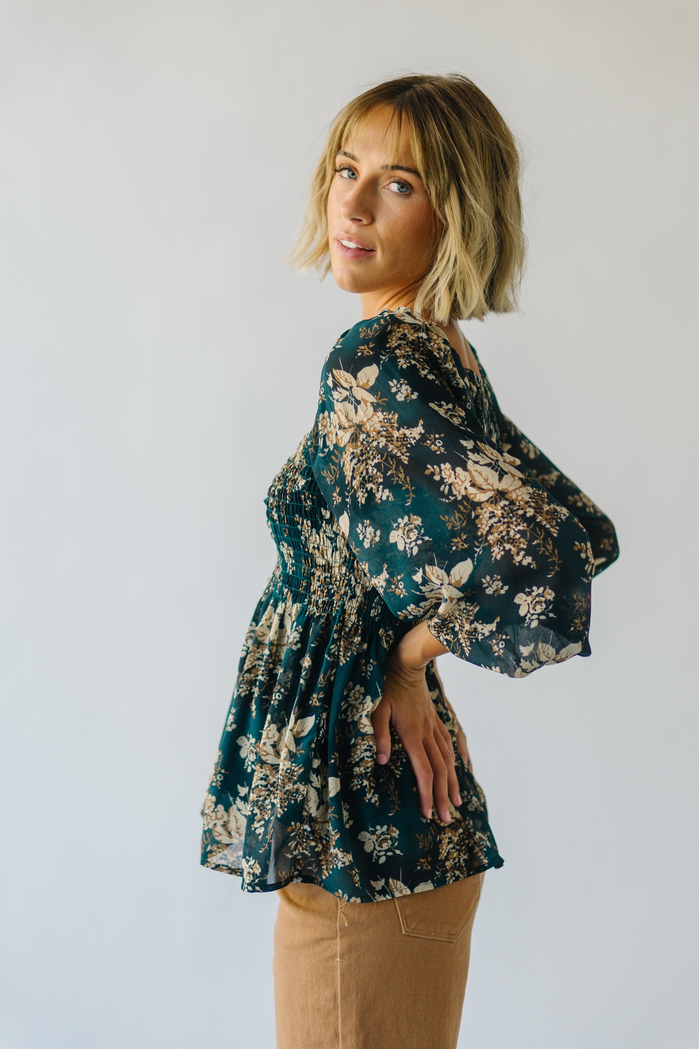 The Mableton Floral Balloon Sleeve Blouse in Navy Multi – Piper