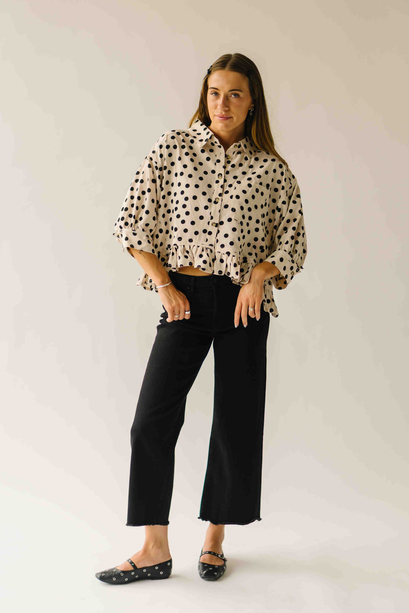 The Marla Polka Dot Peplum Blouse in Off White + Black