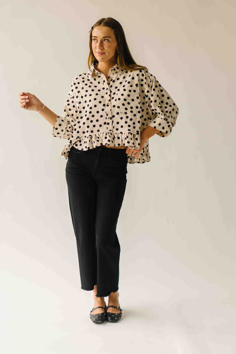 The Marla Polka Dot Peplum Blouse in Off White + Black