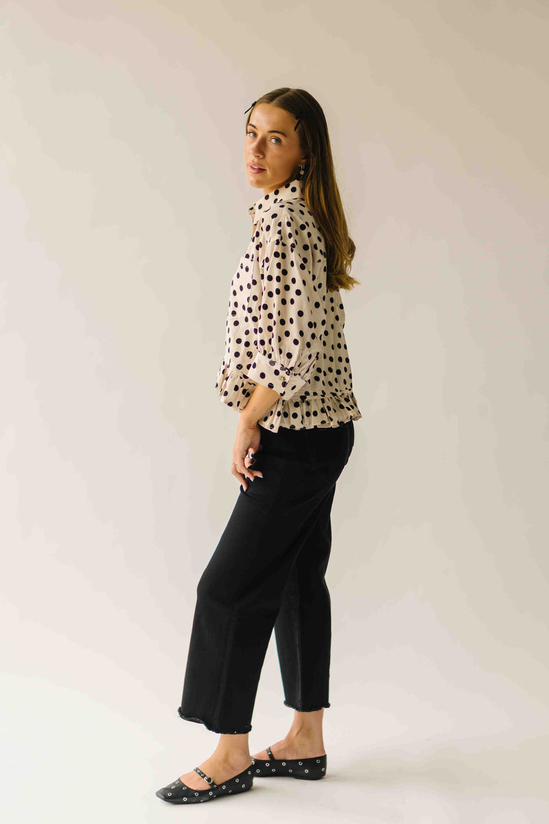 The Marla Polka Dot Peplum Blouse in Off White + Black