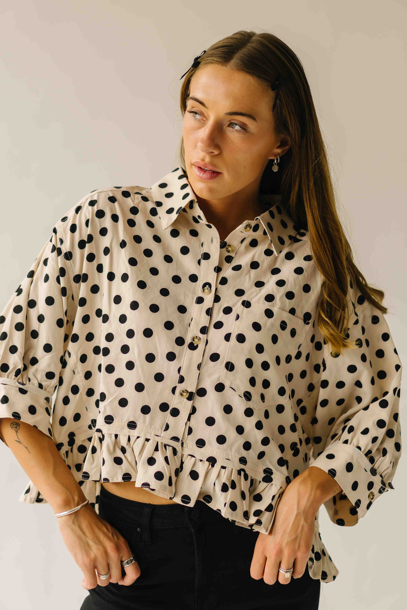 The Marla Polka Dot Peplum Blouse in Off White + Black