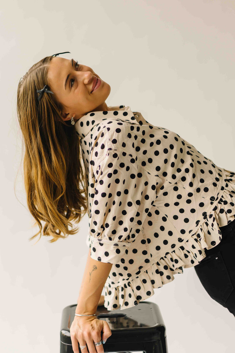 The Marla Polka Dot Peplum Blouse in Off White + Black