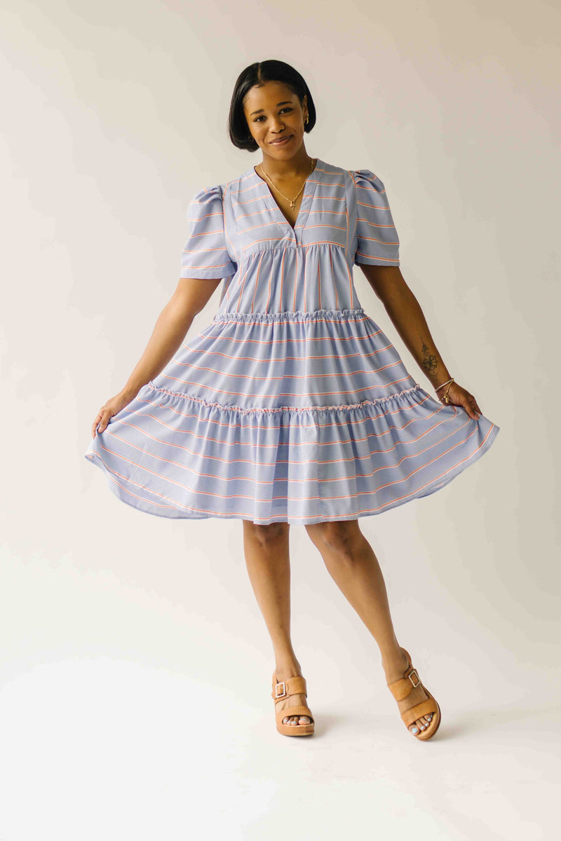 The Hannigan Ruffle Detail Dress in Blue Stripe