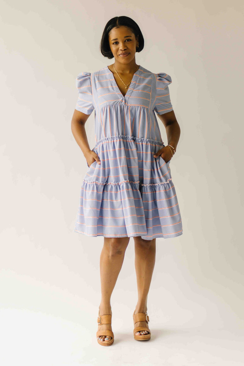 The Hannigan Ruffle Detail Dress in Blue Stripe