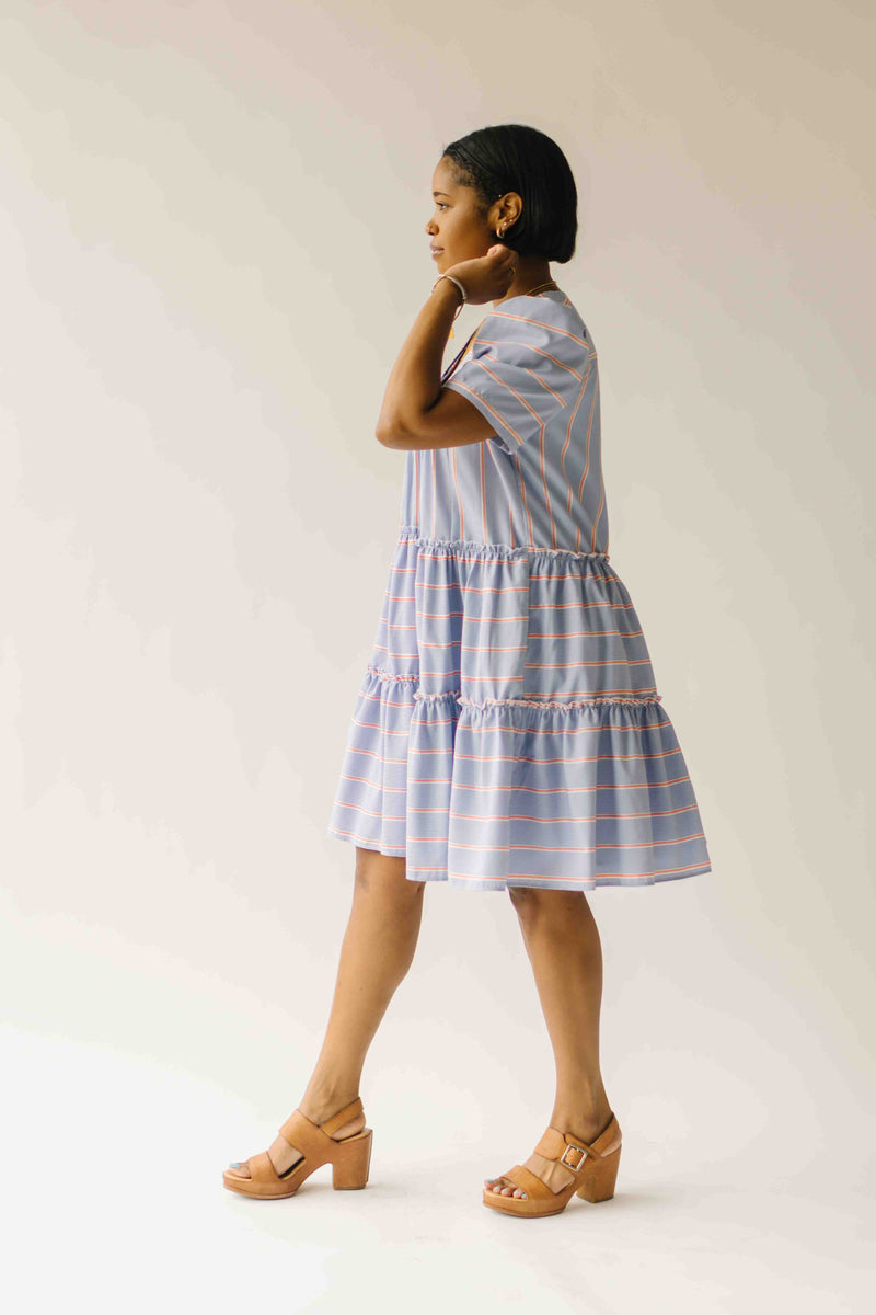 The Hannigan Ruffle Detail Dress in Blue Stripe