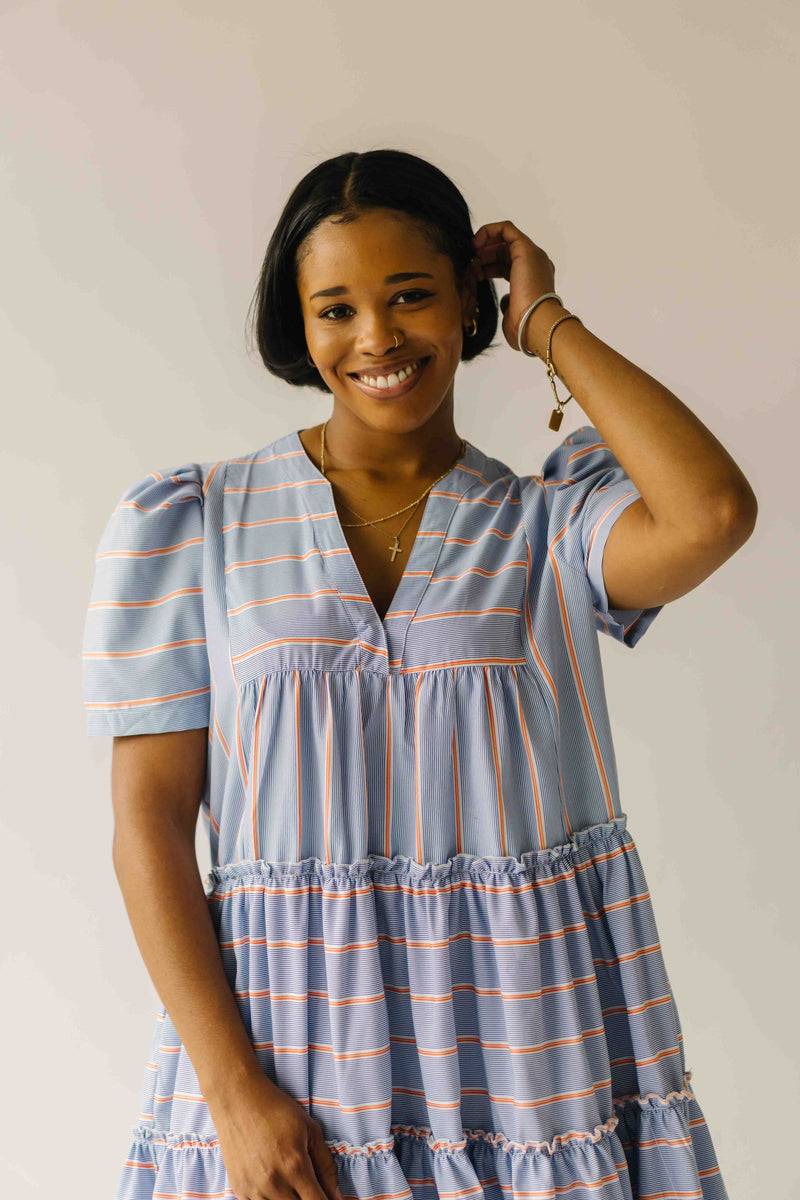 The Hannigan Ruffle Detail Dress in Blue Stripe