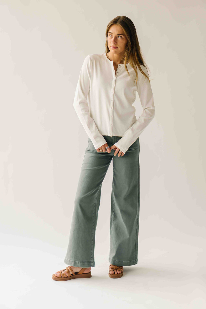 The Arianna Ribbed Button-Up Blouse in White