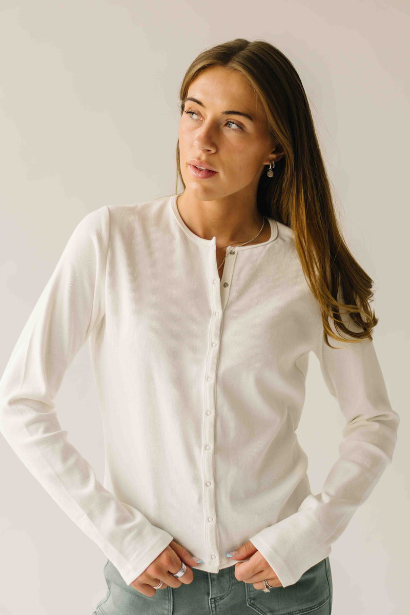 The Arianna Ribbed Button-Up Blouse in White