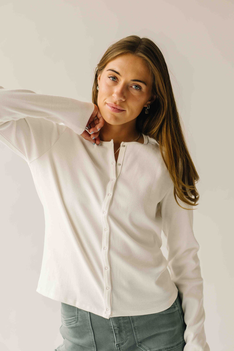 The Arianna Ribbed Button-Up Blouse in White