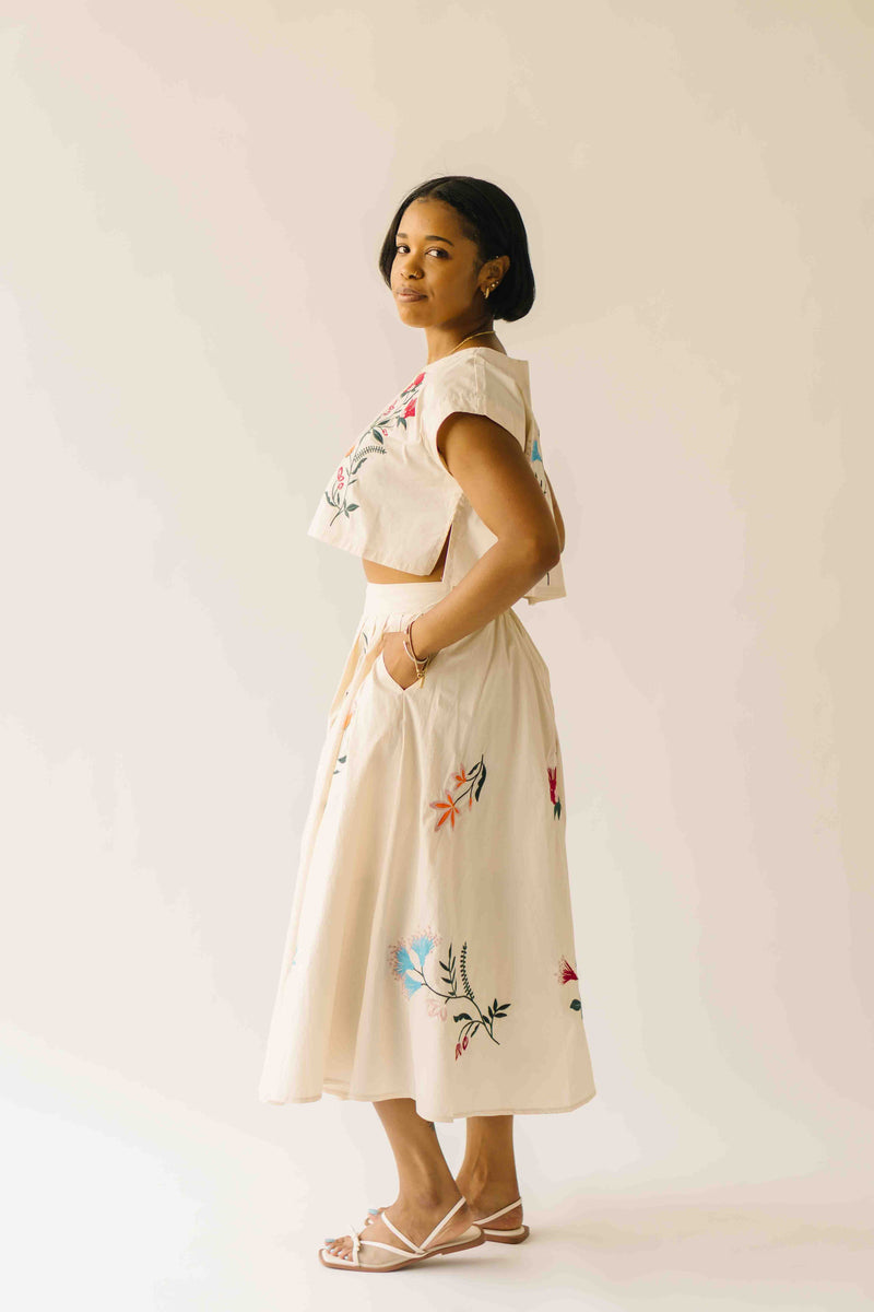 The Ralston Embroidered Blouse + Skirt Set in Ecru