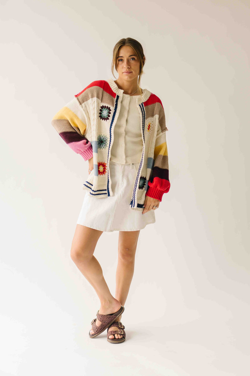 The Nandra Balloon Sleeve Cardigan in Ivory Multi