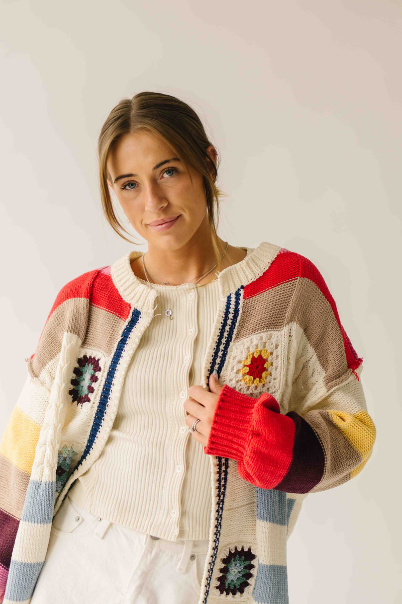 The Nandra Balloon Sleeve Cardigan in Ivory Multi