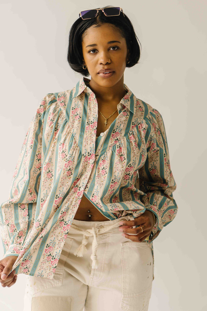 The Sansom Floral Button-Up Blouse in Sage