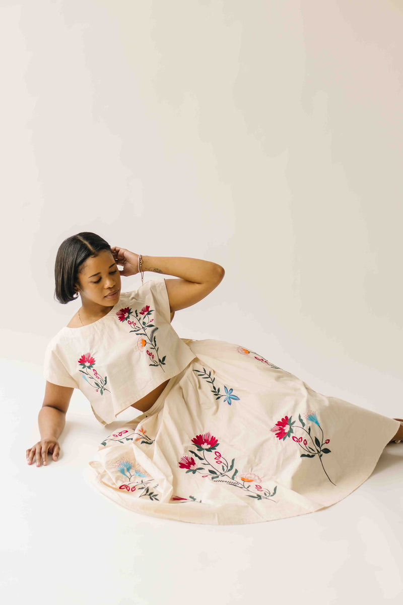 The Ralston Embroidered Blouse + Skirt Set in Ecru