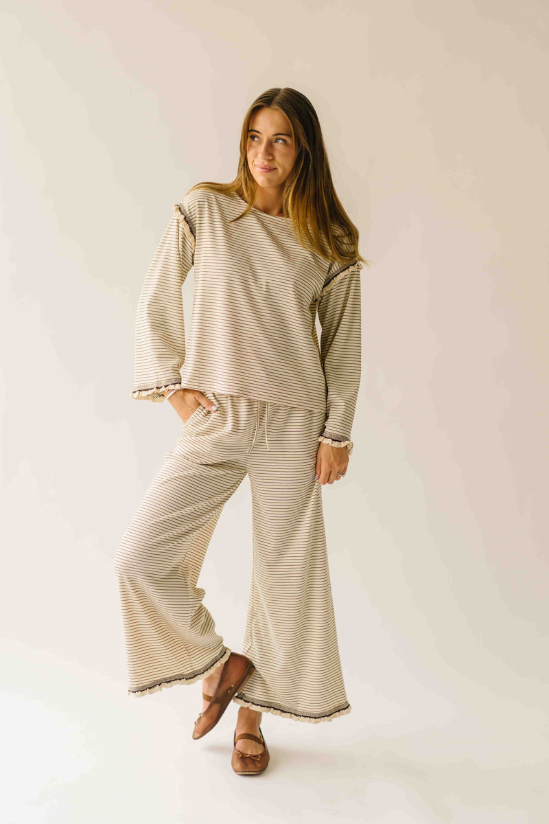The Lucy Long Sleeve Striped Blouse in Cream + Brown