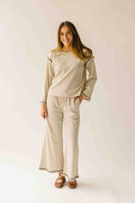 The Lyla Ruffle Edge Striped Pant in Cream + Brown