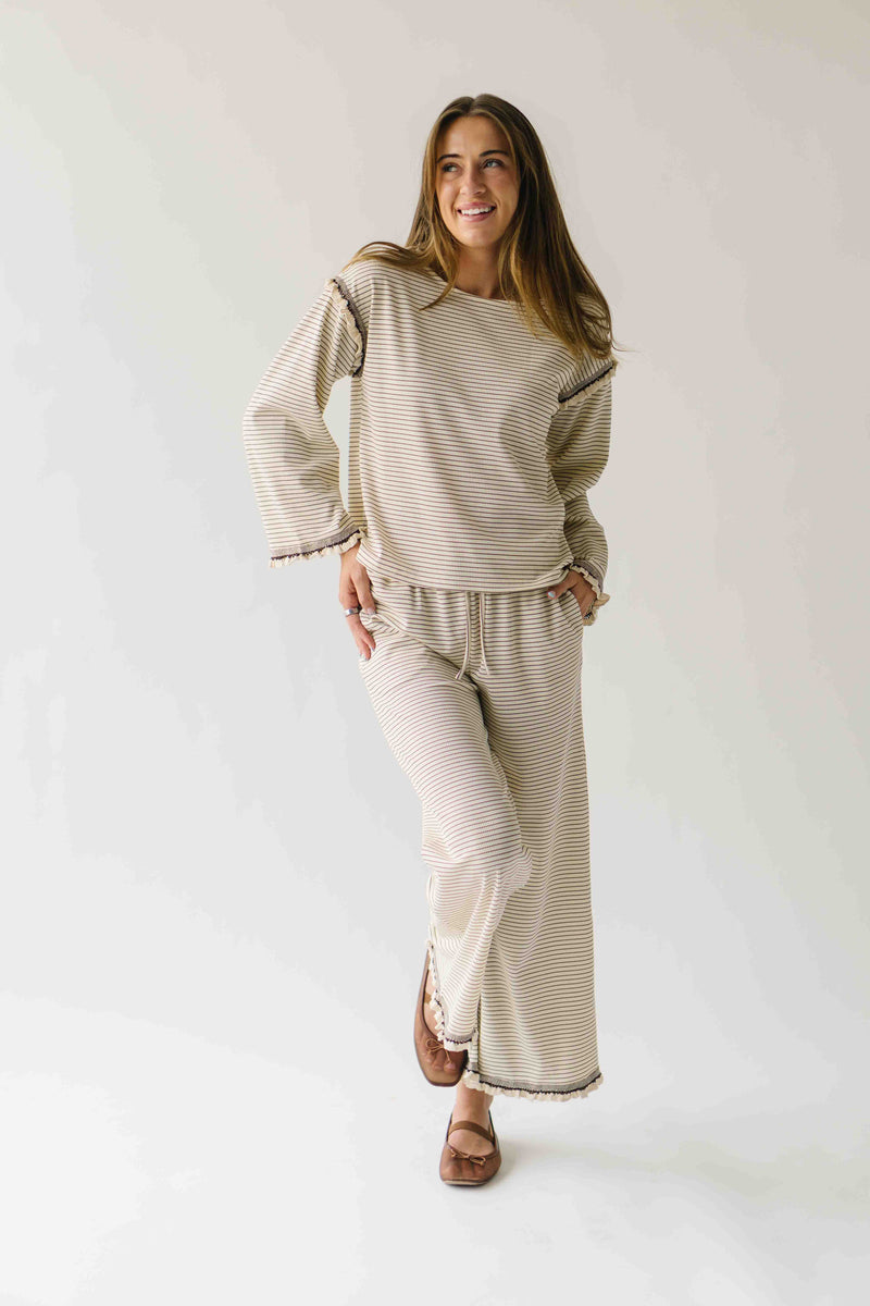 The Lucy Long Sleeve Striped Blouse in Cream + Brown