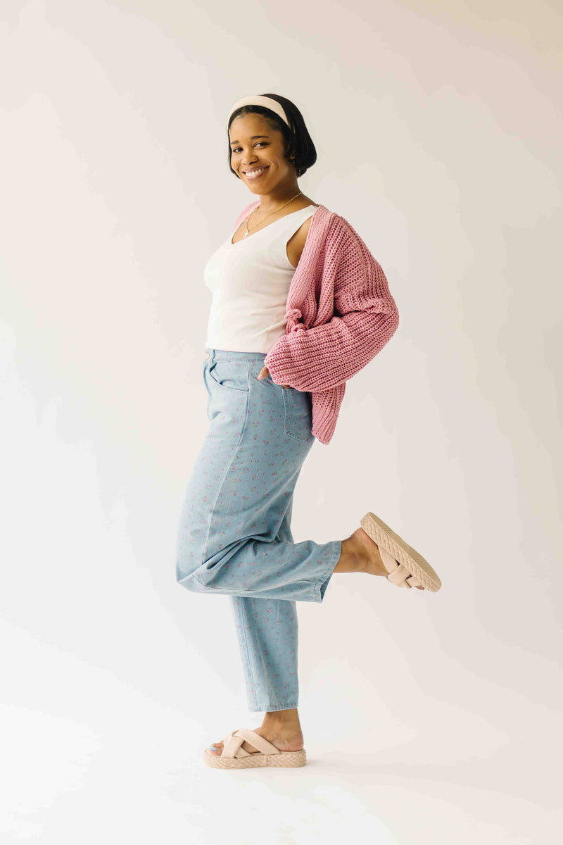 The Martha Floral Barrel Pant in Light Denim