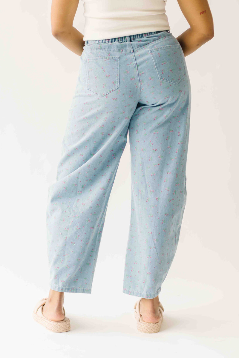 The Martha Floral Barrel Pant in Light Denim