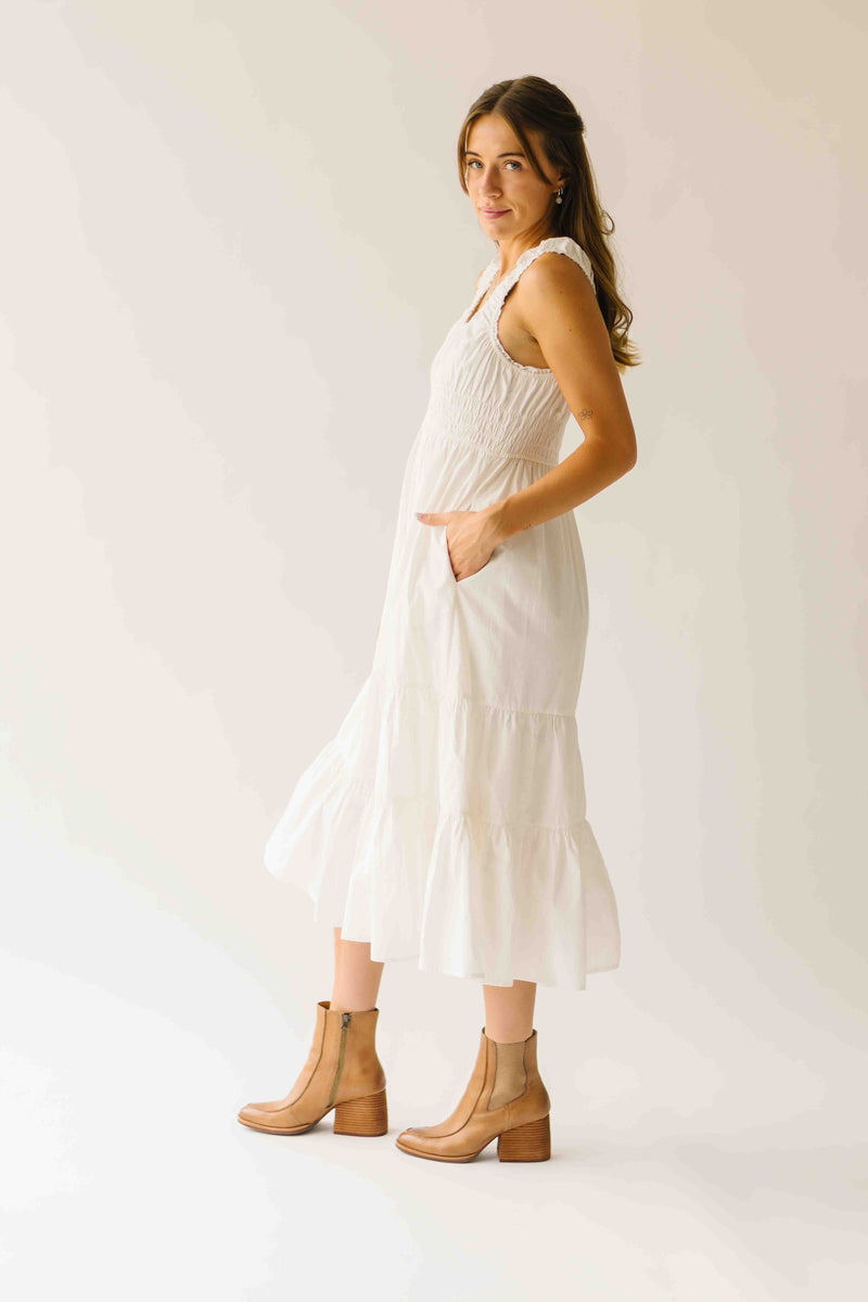 The Huntley Scoop Neck Midi Dress in Off White
