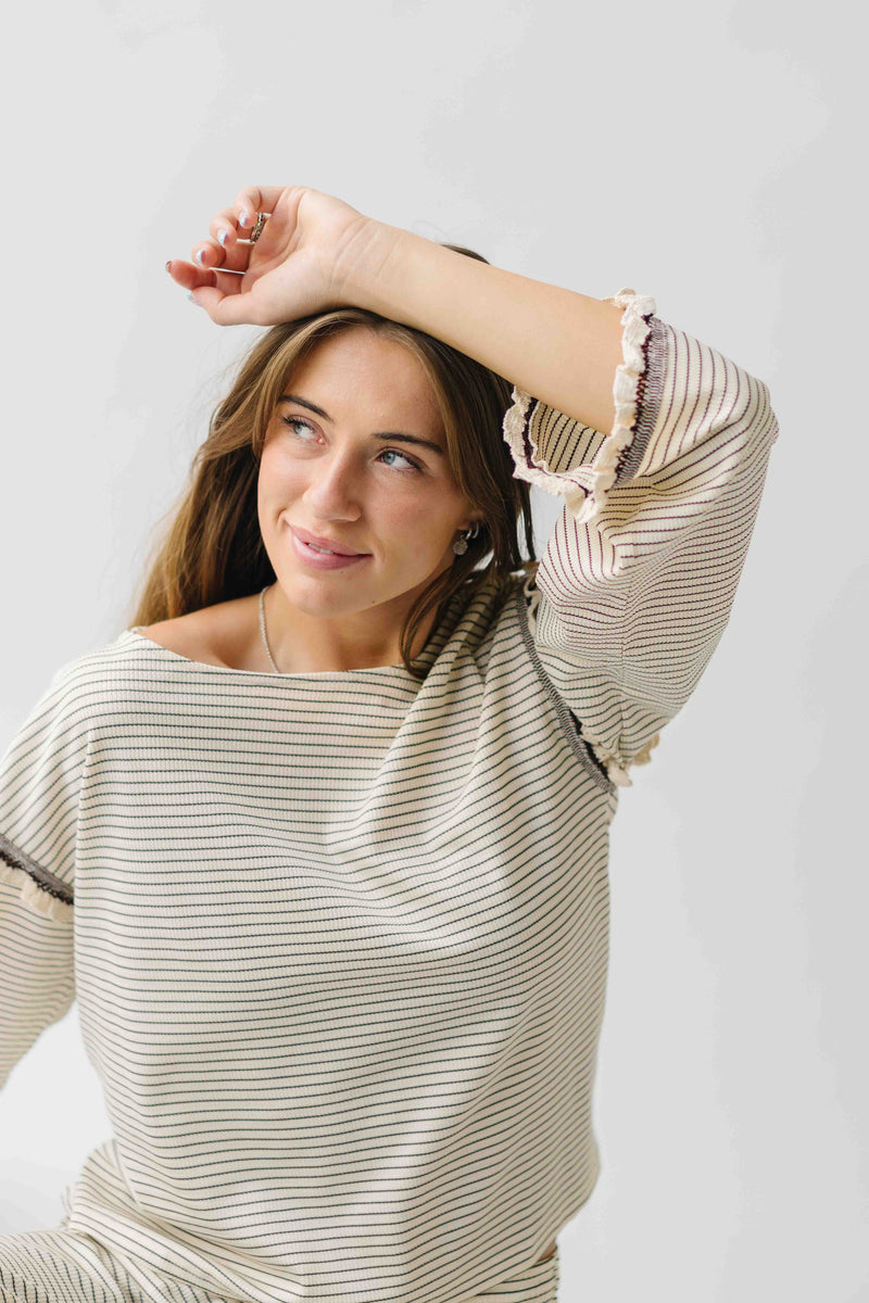 The Lucy Long Sleeve Striped Blouse in Cream + Brown