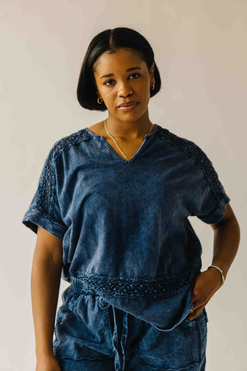 The Lola Lace Trim Blouse in Navy