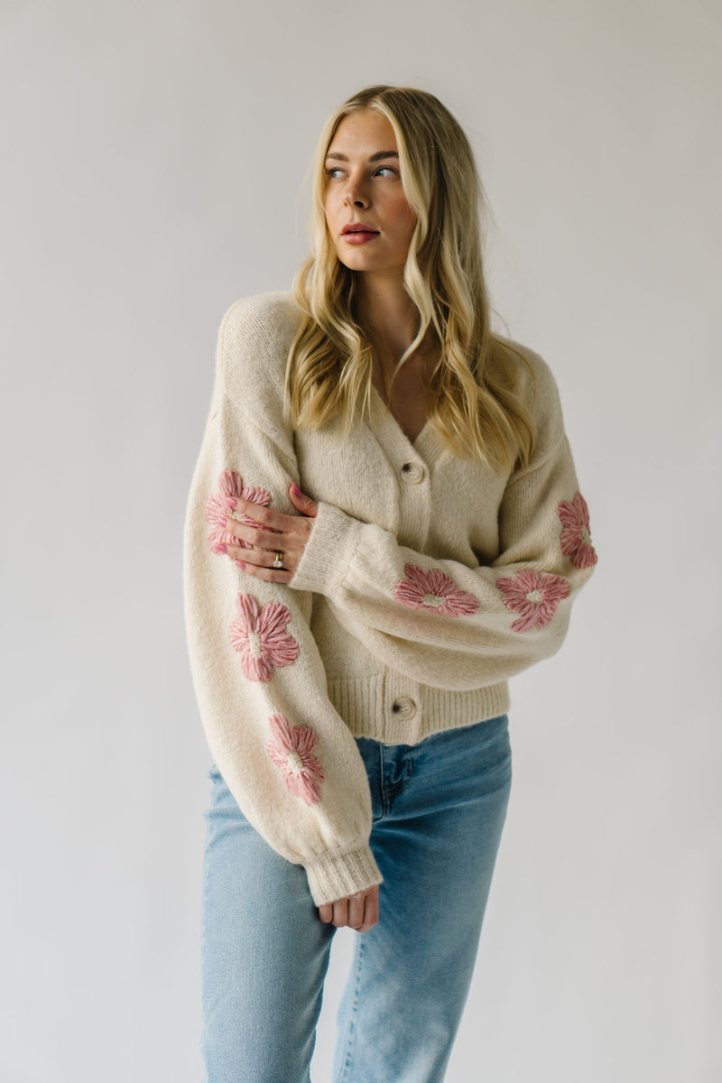 The Quimby Floral Detail Cardigan in Cream