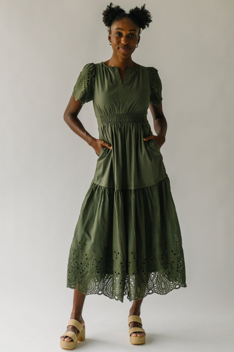 The Abello Eyelet Detail Maxi Dress in Olive