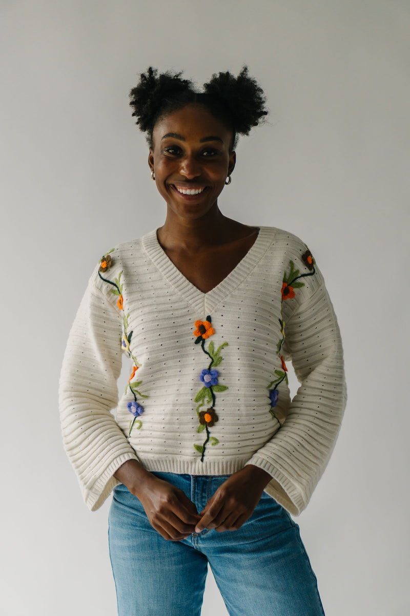 The Elvira Crochet Floral Detail Sweater in Ivory