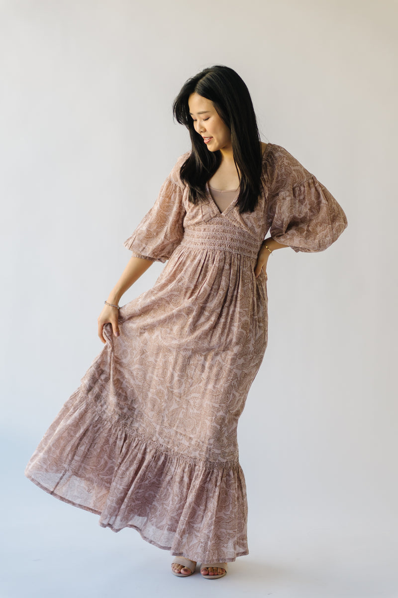 The Lewiston Smocked Detail Maxi Dress in Sandstone