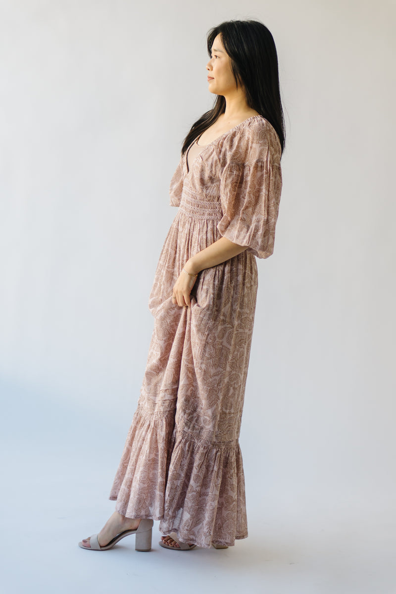 The Lewiston Smocked Detail Maxi Dress in Sandstone