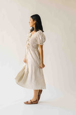 The Jericka Smocked Midi Dress in Oatmeal Stripe