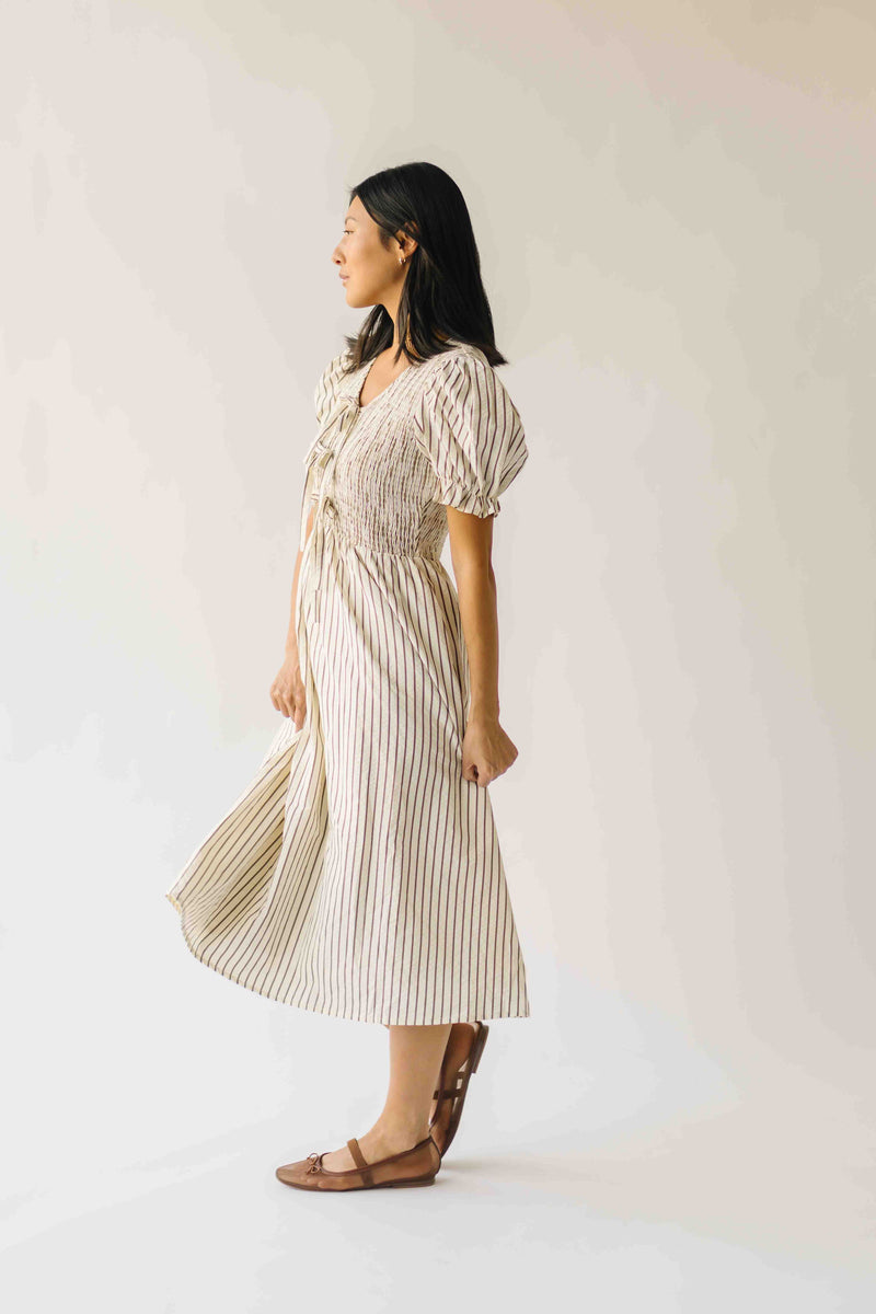 The Jericka Smocked Midi Dress in Oatmeal Stripe