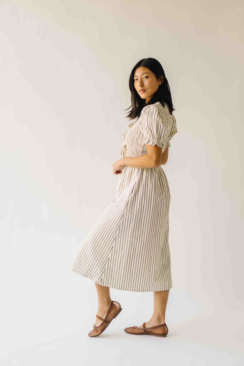 The Jericka Smocked Midi Dress in Oatmeal Stripe