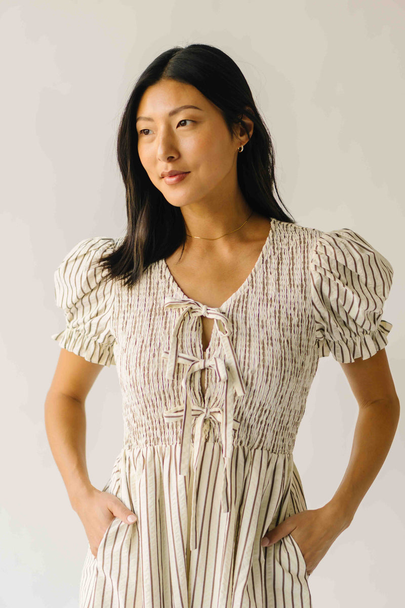 The Jericka Smocked Midi Dress in Oatmeal Stripe