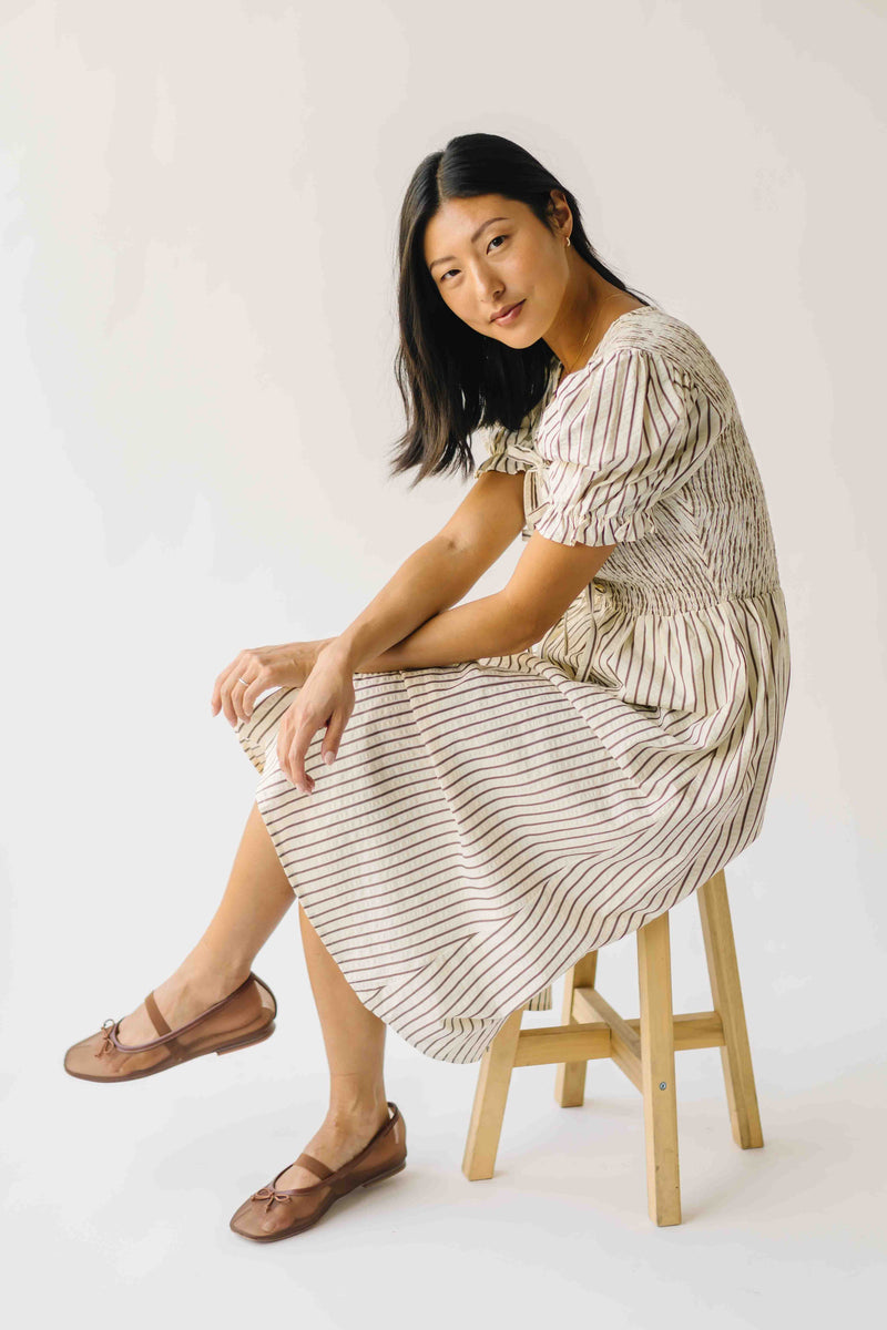 The Jericka Smocked Midi Dress in Oatmeal Stripe