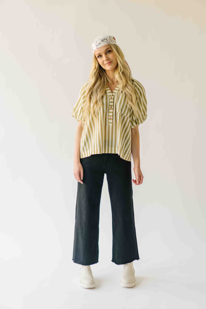 The Cindy Striped Balloon Sleeve Blouse in Olive