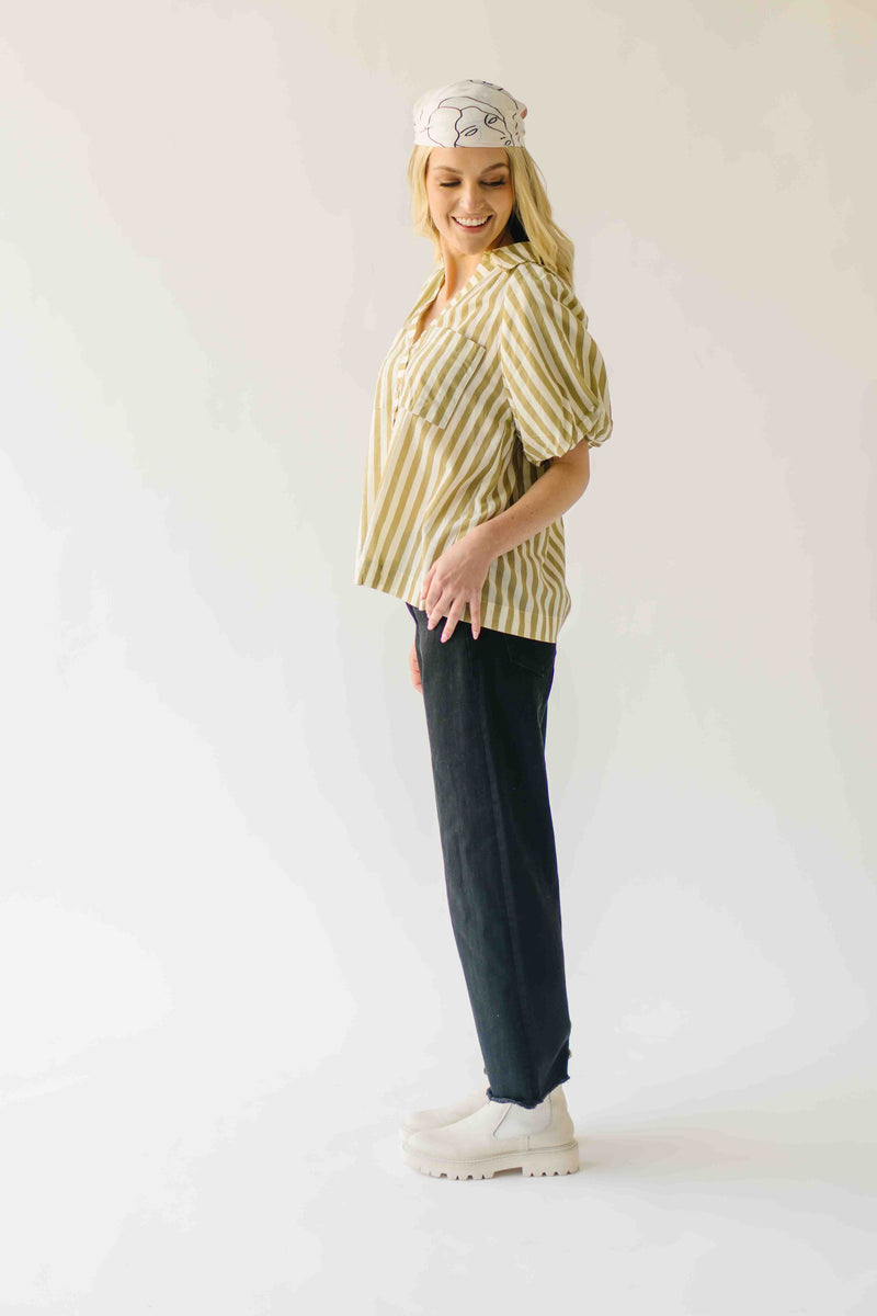 The Cindy Striped Balloon Sleeve Blouse in Olive
