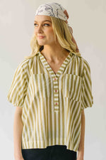 The Cindy Striped Balloon Sleeve Blouse in Olive