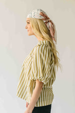 The Cindy Striped Balloon Sleeve Blouse in Olive
