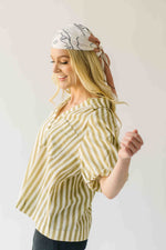 The Cindy Striped Balloon Sleeve Blouse in Olive