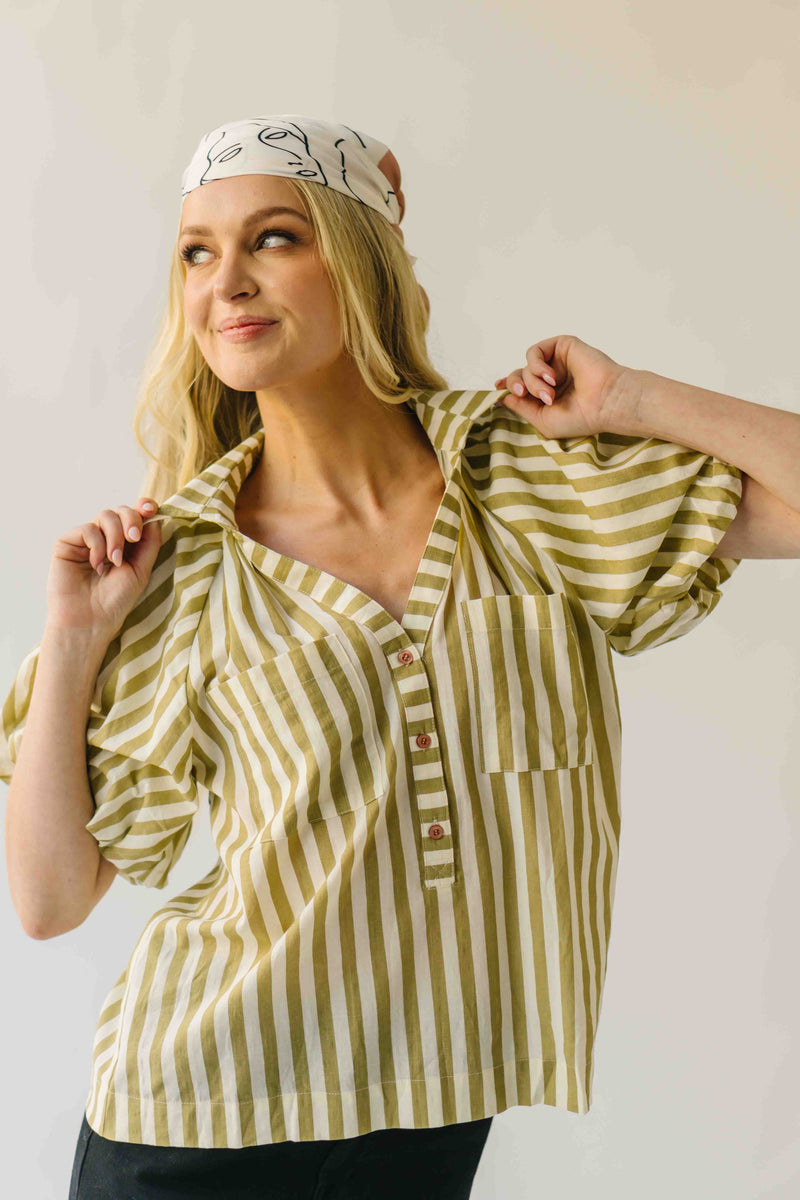 The Cindy Striped Balloon Sleeve Blouse in Olive