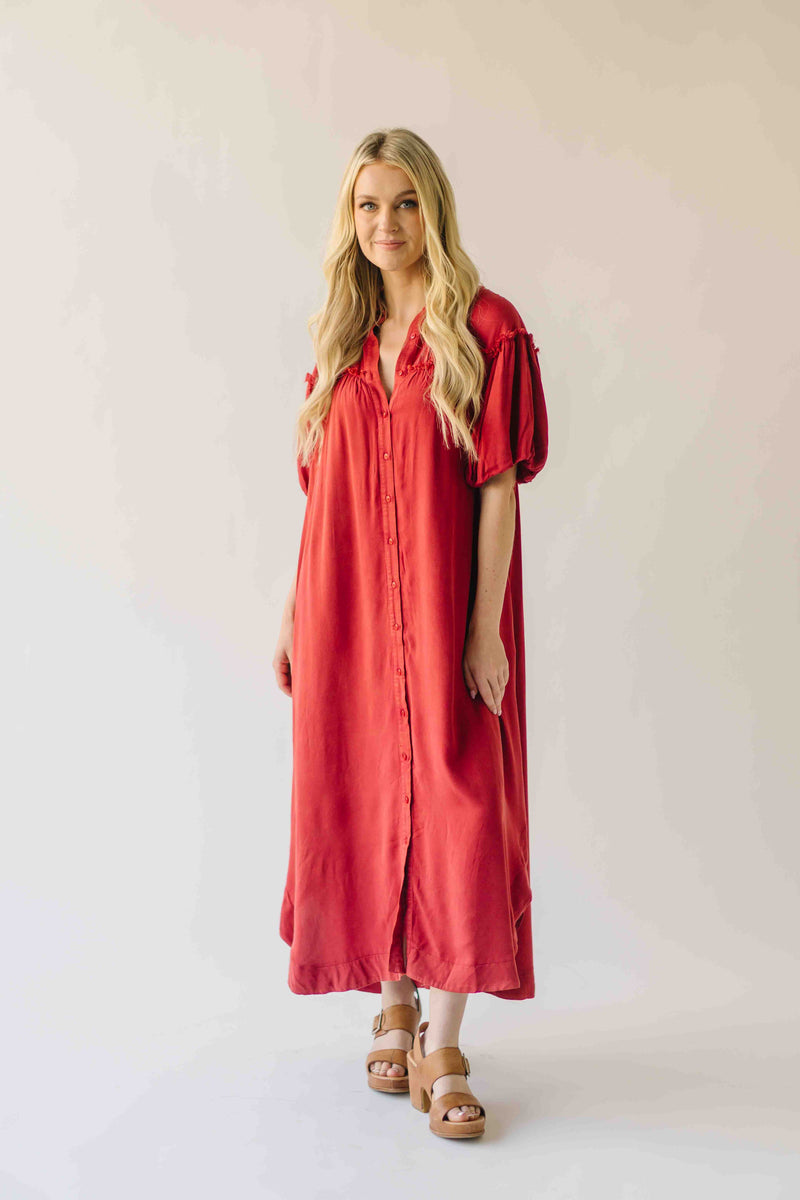 The Audra Puff Sleeve Midi Dress in Washed Red