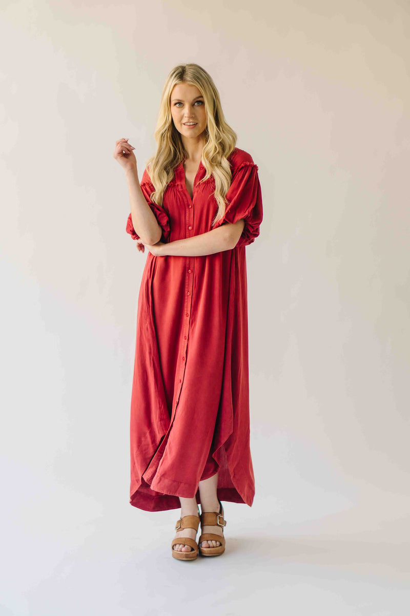The Audra Puff Sleeve Midi Dress in Washed Red